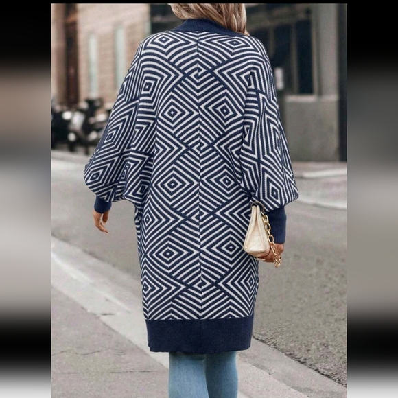 Geometric Pattern Casual Long Sleeve Cardigan, Autumn - Picture 2 of 6